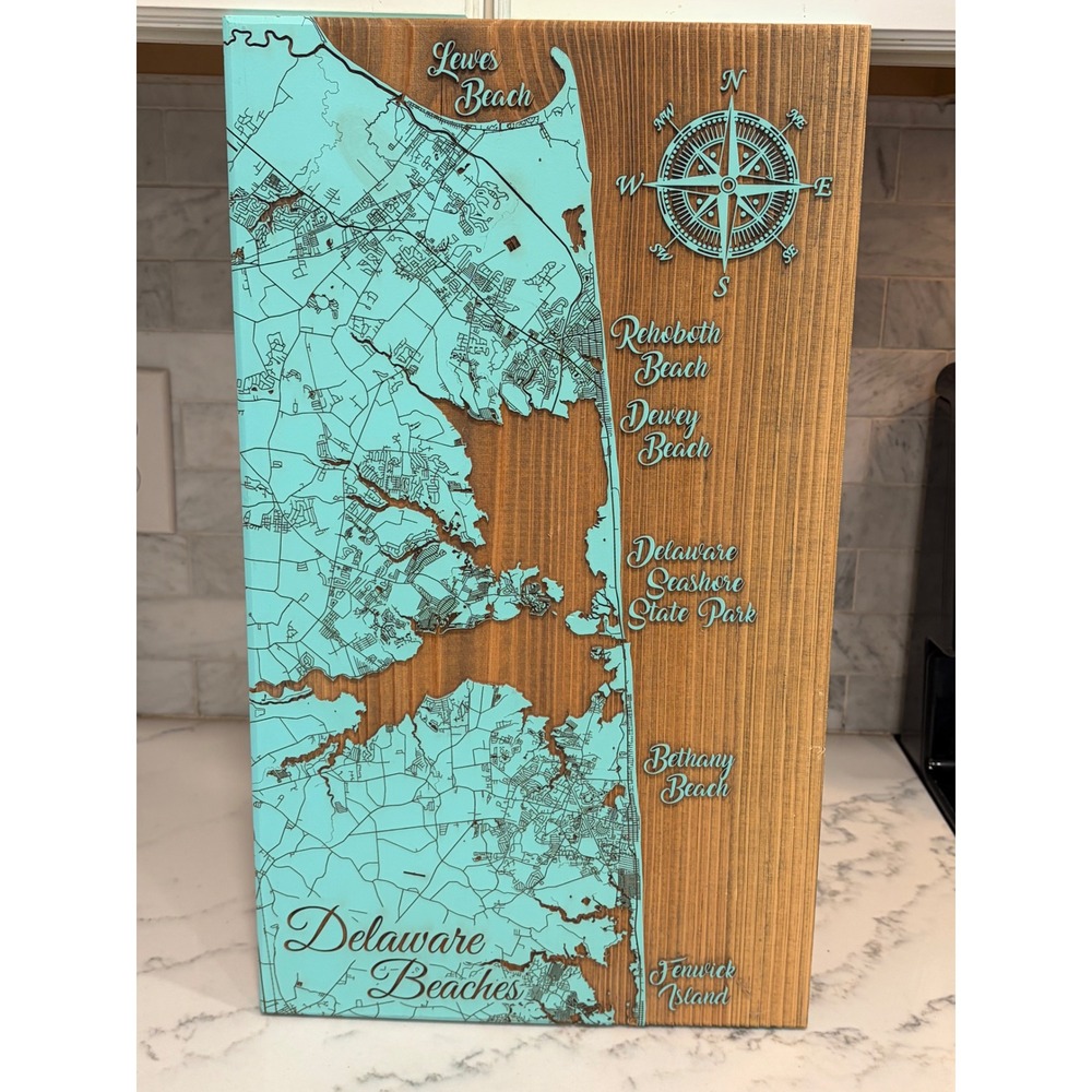 Fire & Pine Delaware Beaches Wood Wall Art Teal Laser Engraved Map Sign